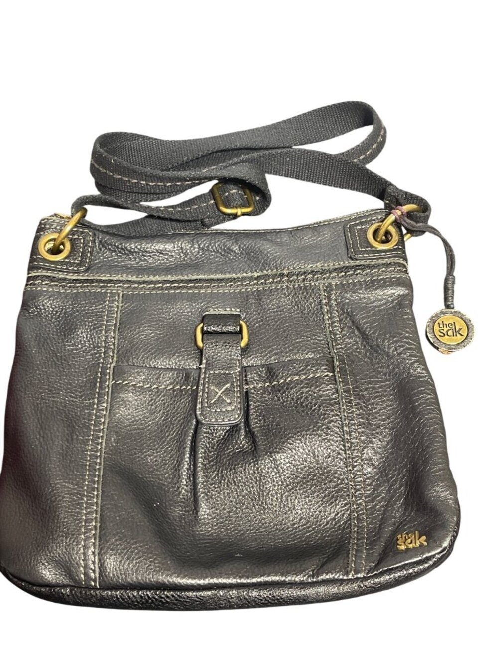 The Sak Kendra Black Leather Crossbody Bag Purse Canvas Strap Zip Closure 11x10